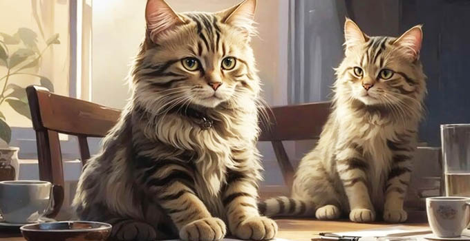 Der sad to katte på et bord